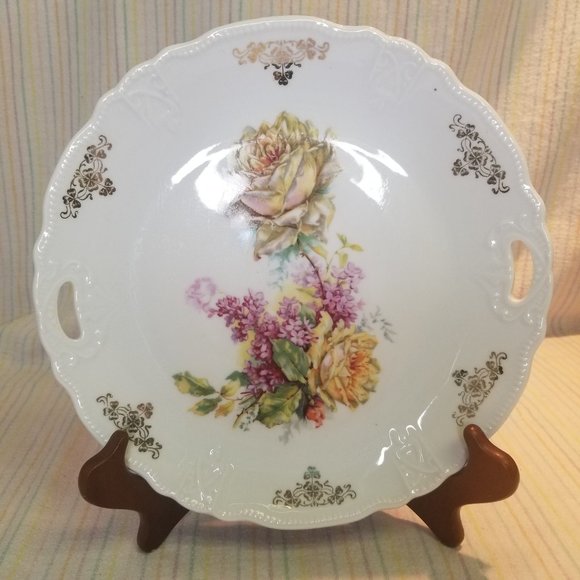 Antique Three Crown China Handled Floral Cake Plate Roses Germany Golden Trim - Picture 1 of 7